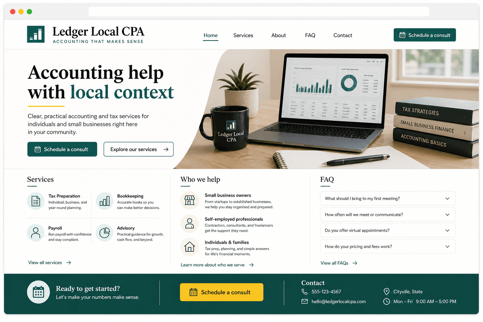 Generated home page preview for Ledger Local CPA.
