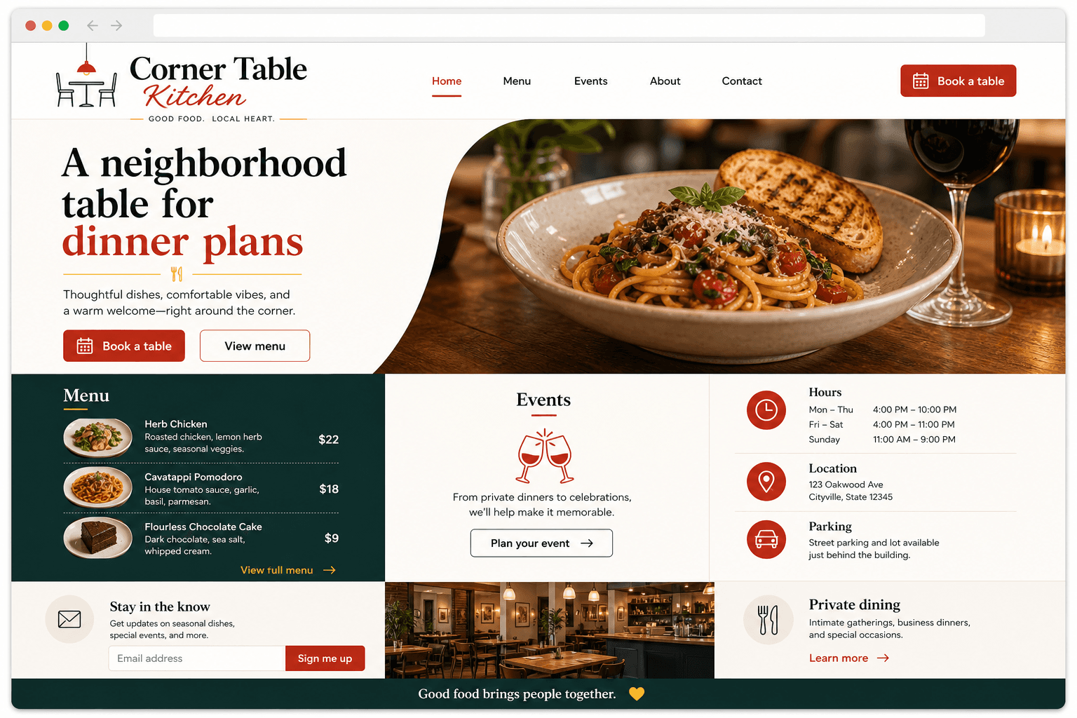 Generated home page preview for Corner Table Kitchen.