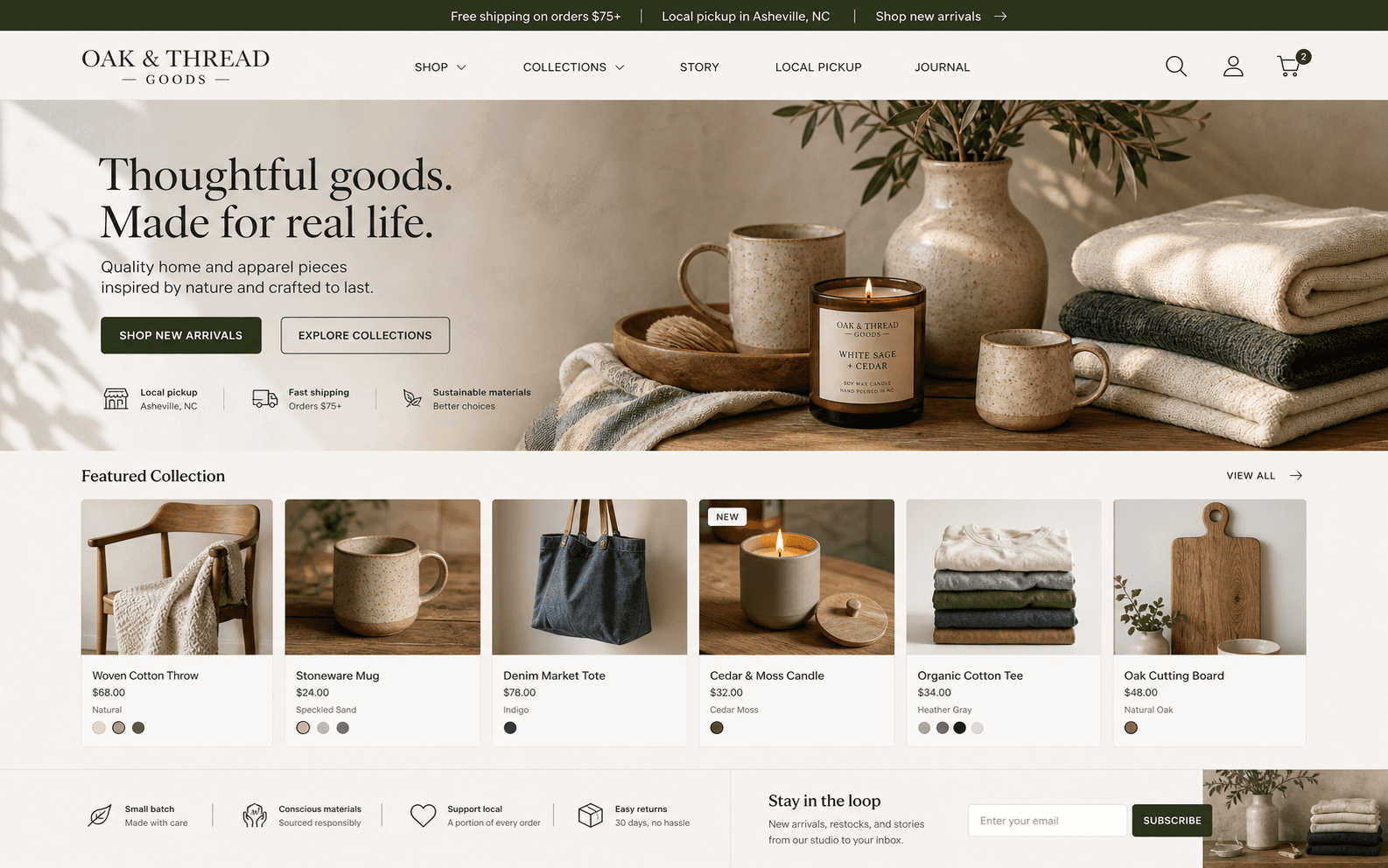 Generated home page preview for Oak and Thread Goods.