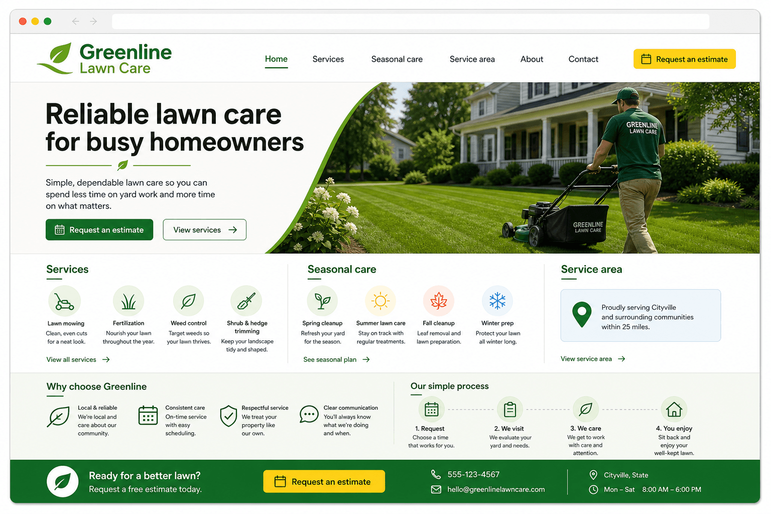 Generated home page preview for Greenline Lawn Care.