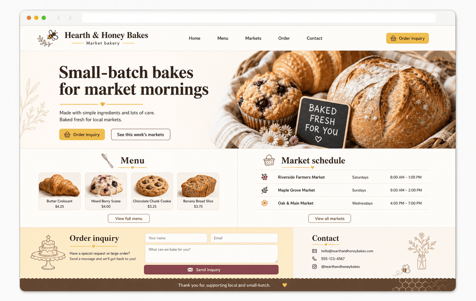 Generated desktop website preview for Hearth and Honey Bakes.