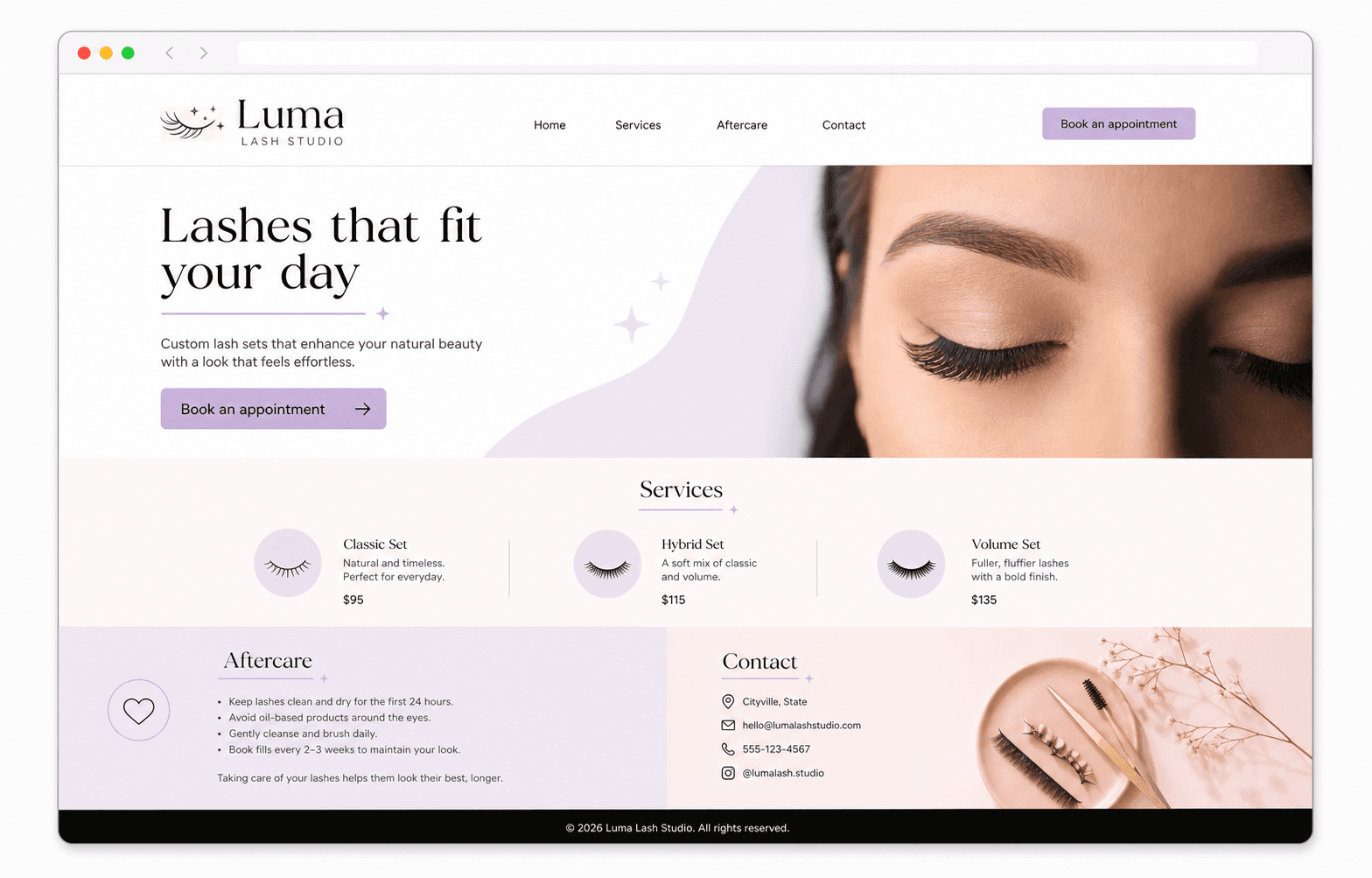 Generated desktop website preview for Luma Lash Studio.